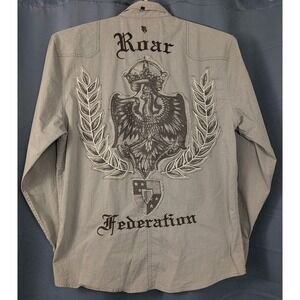 Roar Federation Button Shirt‎ Mens 2XL Gray Striped Embroidered Distressed Crest